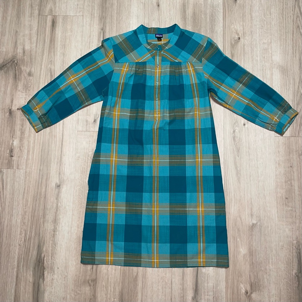 NWOT Women’s Size 4 Patagonia Plaid Shirt Dress In Teal & Orange. Organic Cotton
